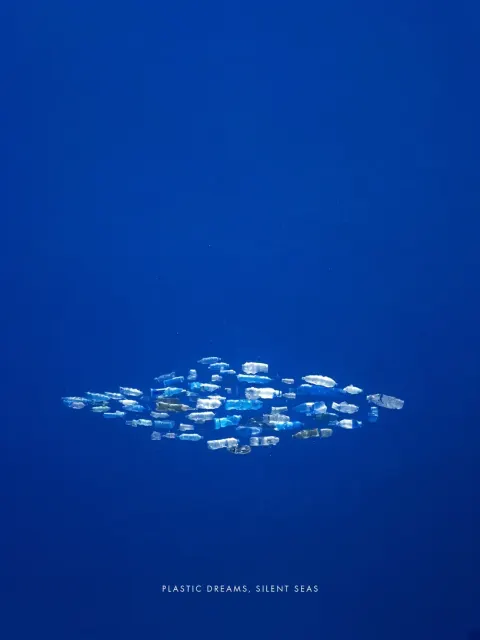 Klein Blue Surrealist Ocean with Plastic School of Fish