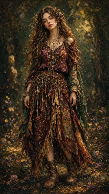 Realistic Portrait image example: Realistic Portrait of Woman with Fringed Adornments