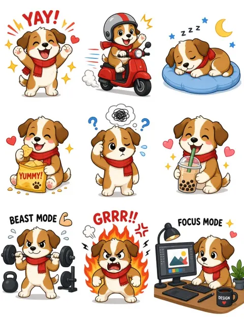 Sticker Sheet image example: Cute Puppy 9-Grid Daily Life Sticker Sheet