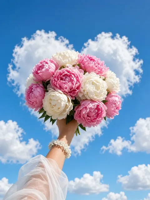 Peony Bouquet Held High Against Blue Sky Photography