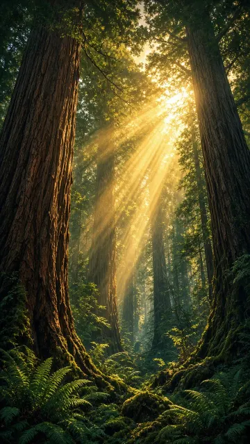 Morning Sunlight image example: Primeval Forest Sunrise with Tyndall Beams Illustration