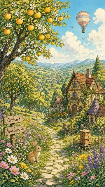 Ethereal Dreamy image example: Fairytale Summer Orchard Comic Illustration