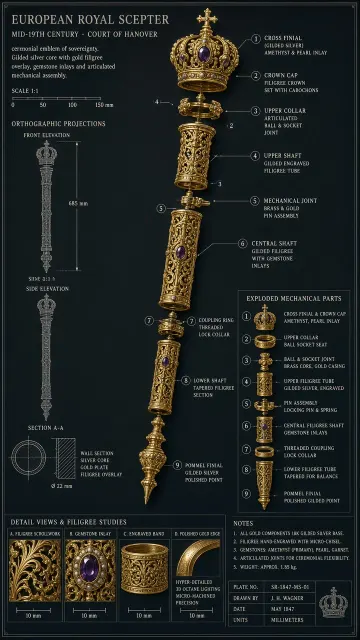 Vintage Gilded Scepter Blueprint Schematic