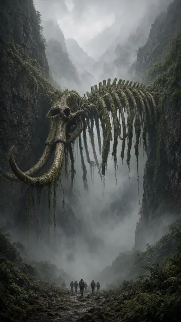 Ethereal Dreamy image example: Ancient Mammoth Skeleton Expedition Concept