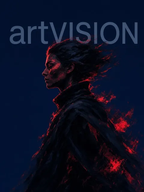 Blurred Crimson and Black Portrait on Deep Blue