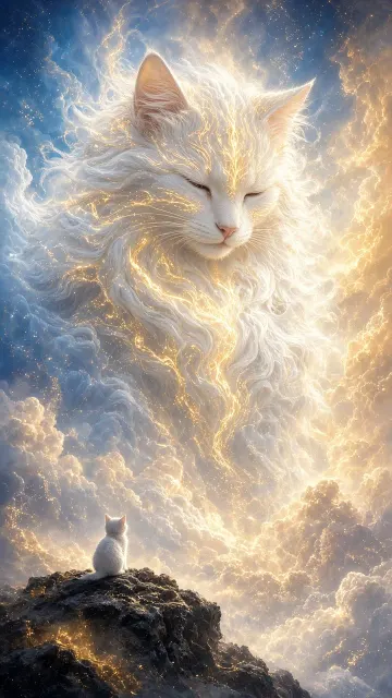 Colossal Celestial White Cat in Cloudscape