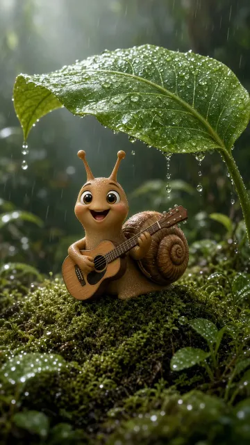 Fairy-Tale 3D Snail Playing Guitar in the Rain