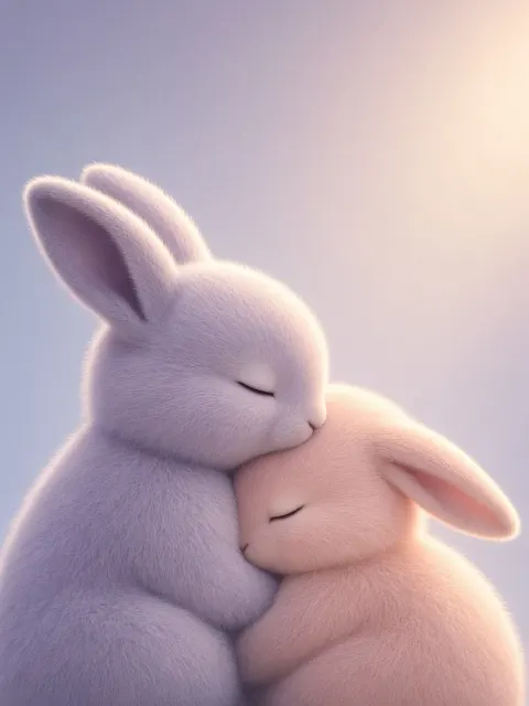Ray Traced image example: Surrealistic Fuzzy Rabbits Snuggling