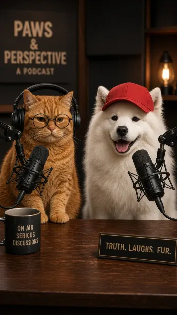 Podcast Studio image example: Anthropomorphic Cat and Dog Podcast Hosts