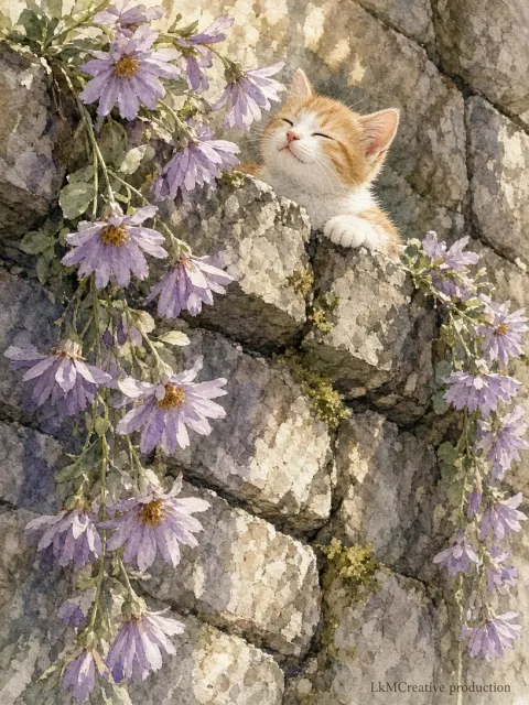 Watercolor Kitten with Daisies on Stone Wall