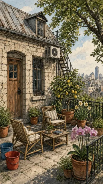 Urban Architecture image example: Lush Urban Rooftop Terrace Illustration