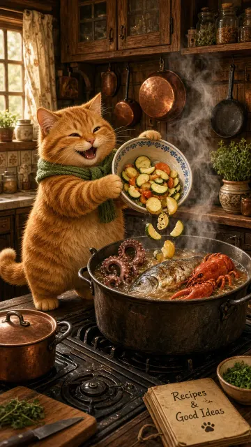 Chubby Tabby Cat Cooking in Rustic Kitchen
