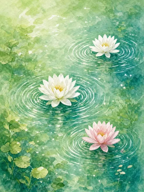 Overhead Watercolor Water Lilies on Emerald Pond