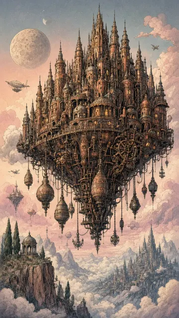 Retro Comic image example: Retro Sci-Fi Rusty Orange Floating Castle