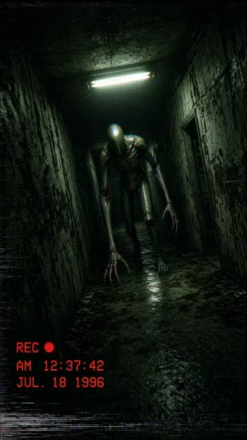 Glitch Art image example: VHS Glitch Horror Mechanical Entity in Corridor