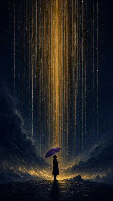 Poetic Silhouette in Golden Light Rain