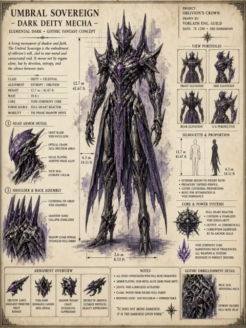 Mecha Design image example: Dark Deity Mecha Blueprint Design Sketch