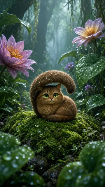 Fluffy Brown Cat in Rainy Fairytale Forest