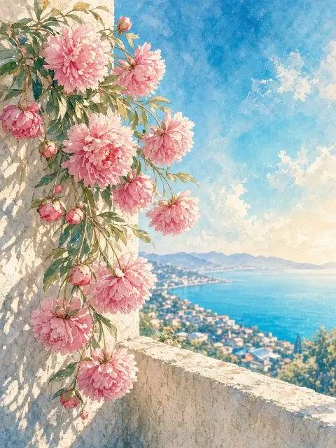 Gentle Peonies on White Wall Against Blue Sky