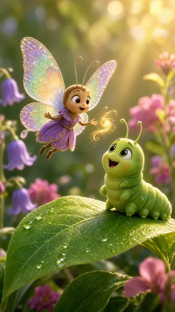 Warm Lighting image example: 3D Cartoon Butterfly and Caterpillar in Garden