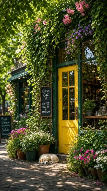 Sunlit Corner Cafe with Sleeping Puppy