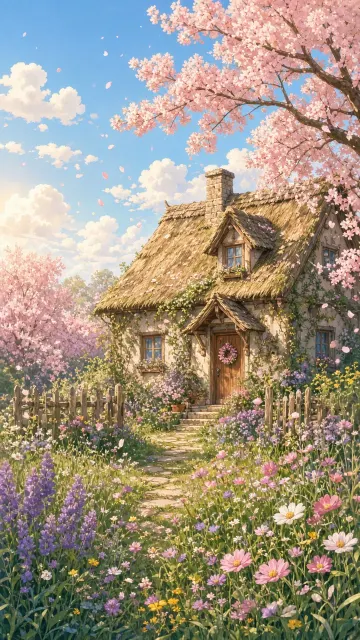 Cherry Blossoms image example: Fairytale Cottage Amid Cherry Blossoms