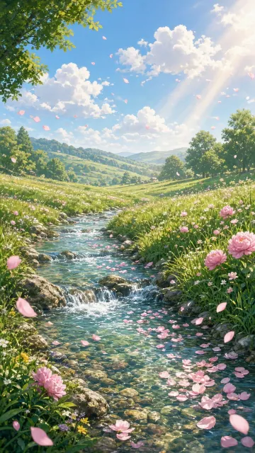 Spring Brook with Floating Peony Petals