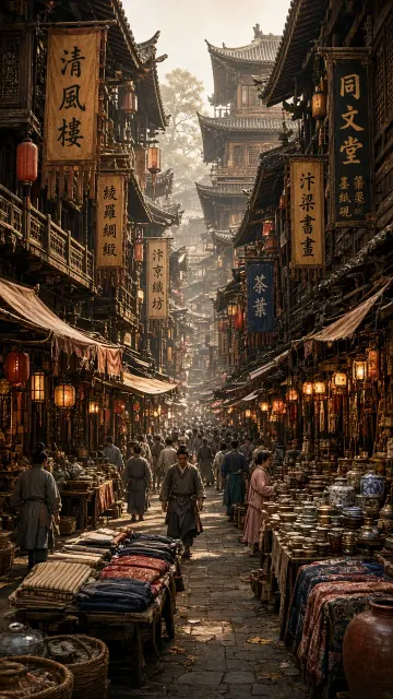 Realistic image example: Bustling Song Dynasty Marketplace Panorama