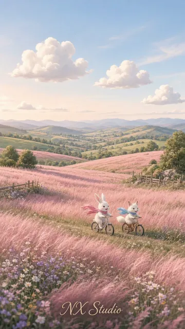 Little Bunny and Fox Cycling in Pink Meadow