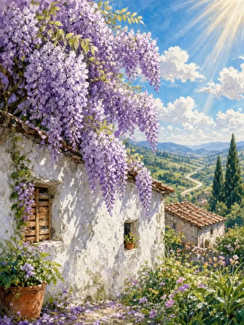 Wisteria Wall Under Clearing Skies