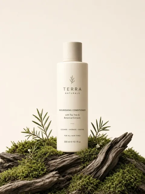 Minimalist Hair Conditioner on Weathered Wood and Moss