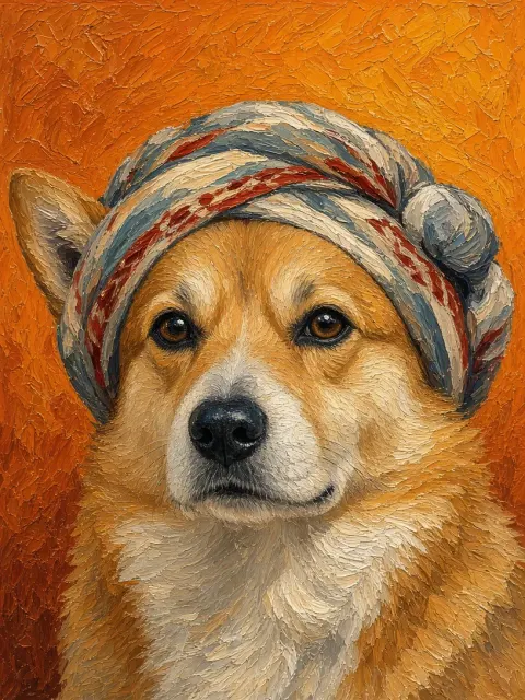 Corgi image example: Impasto Oil Portrait of a Corgi in Headscarf