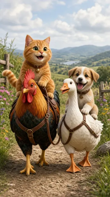 Charming 3D Render of Chubby Cat Riding a Rooster