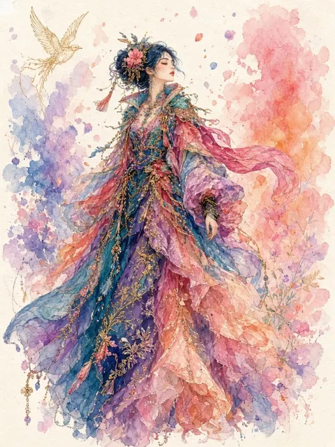 Watercolor Illustration image example: Dreamy Watercolor Illustration of Maximalist Fashion