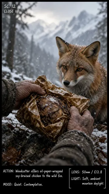 Atmospheric Lighting image example: Cinematic Storyboard of Woodcutter Offering Chicken to a Fox