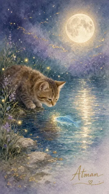 Watercolor Cat and Little Fish on Moonlit Lake