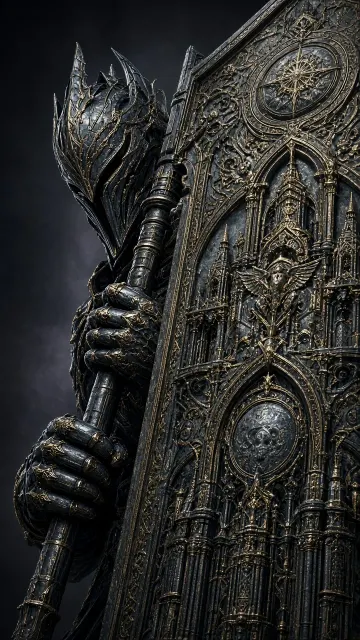 Mythology image example: Dark Mythic Valkyrie with Colossal Shield