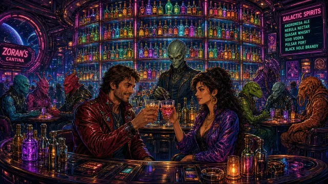 Retro Sci-Fi Interstellar Bar with Aliens