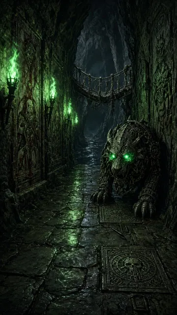 ancient crypt image example: Eerie Crypt Corridor with Mechanical Beast