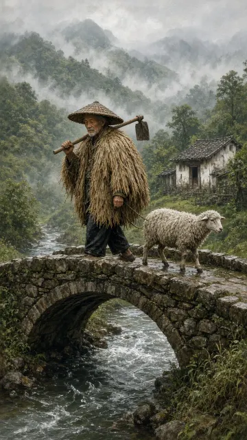 Pastoral Landscape image example: Realistic Oil Painting of Farmer Crossing Stone Bridge