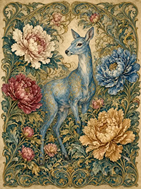 Art Nouveau Blue Deer and Peonies Watercolor Illustration