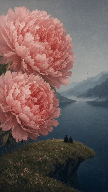 Symbolism image example: Symbolist Giant Peony Lake Landscape Painting