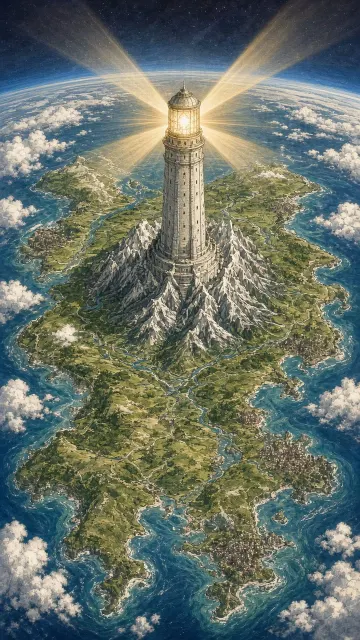 panoramic image example: Cosmic View Giant Lighthouse Landscape Illustration