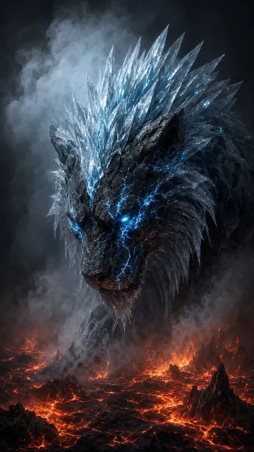 Mythology image example: Dark Mythic Frozen Lion on Molten Magma Sea