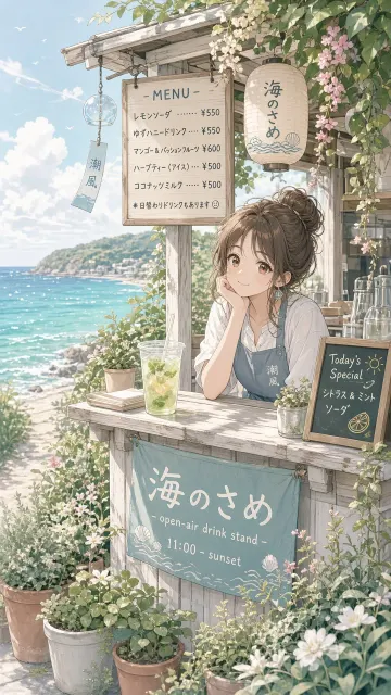 Morandi image example: Summer Seaside Cold Drink Shop Girl Anime Art