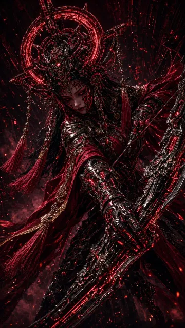 Panoramic Long Shot image example: Cyberpunk Dark Crimson Oiran Archer Illustration