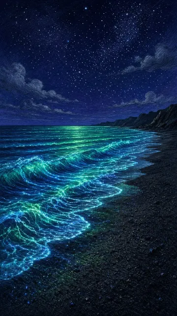 Bioluminescent Summer Night Beach Fantasy Wallpaper