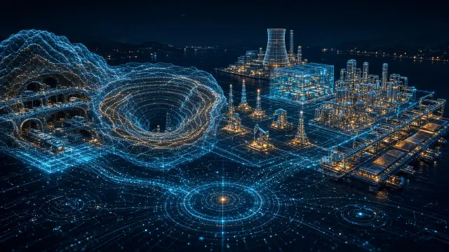Ethereal Aesthetic image example: Holographic Digital Factory Concept Art