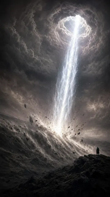 Panoramic Long Shot image example: CG Render of Apocalyptic Descending Energy Wave