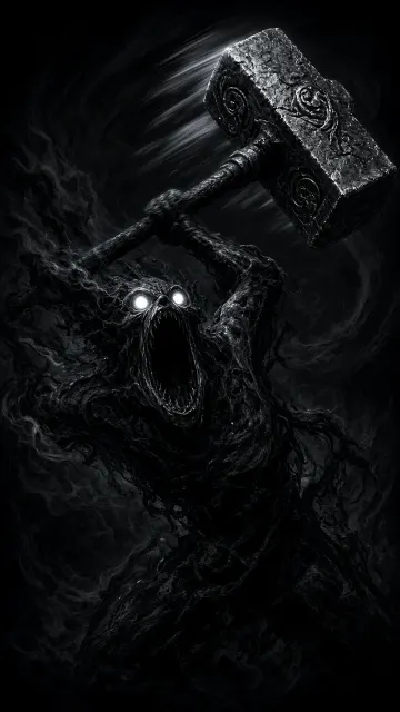 Cinematic Realism image example: Dark Shadow Fiend with Giant Hammer Roaring Illustration